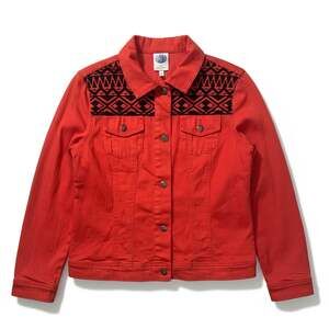 DG2 Diane Gilman Red/Coral Beaded Embroidered Southwestern Denim Trucker Jacket
